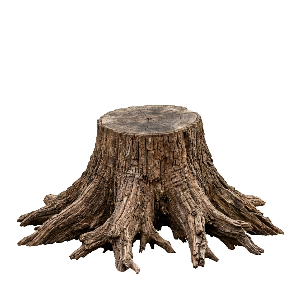 Tree stump showing the difference between root flare width and trunk width for accurate measuring