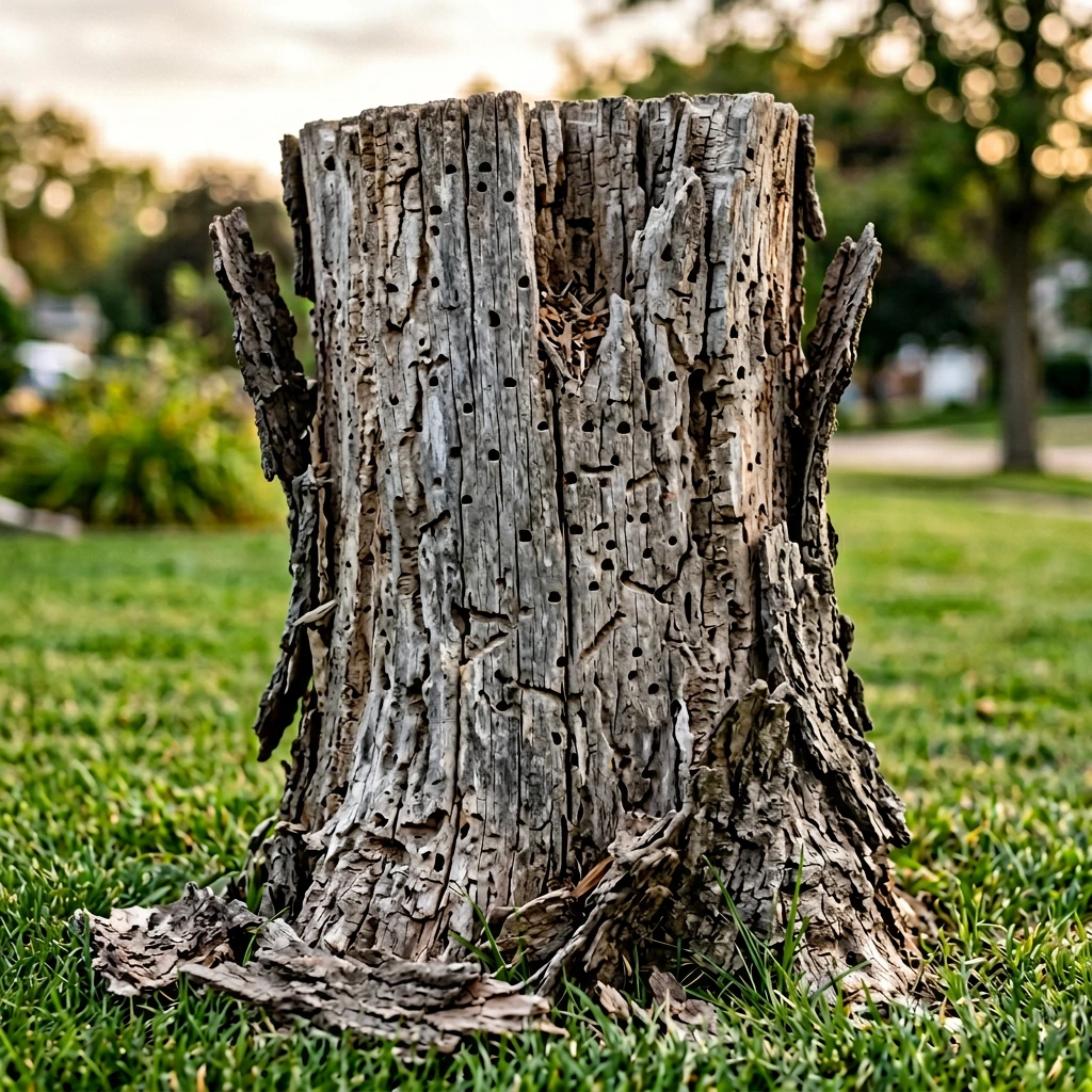 Dead ash tree stump showing emerald ash borer damage with visible exit holes