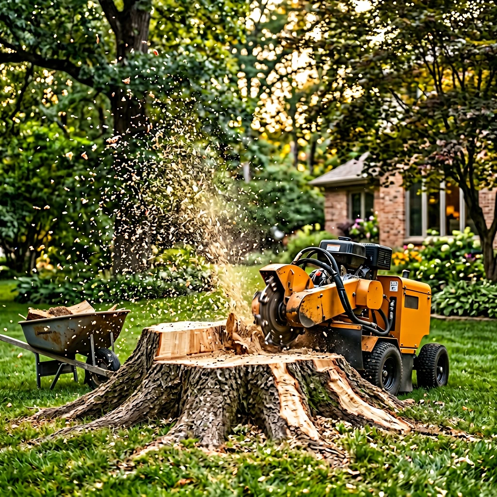 Large old-growth oak tree stump 30+ inches diameter in residential yard